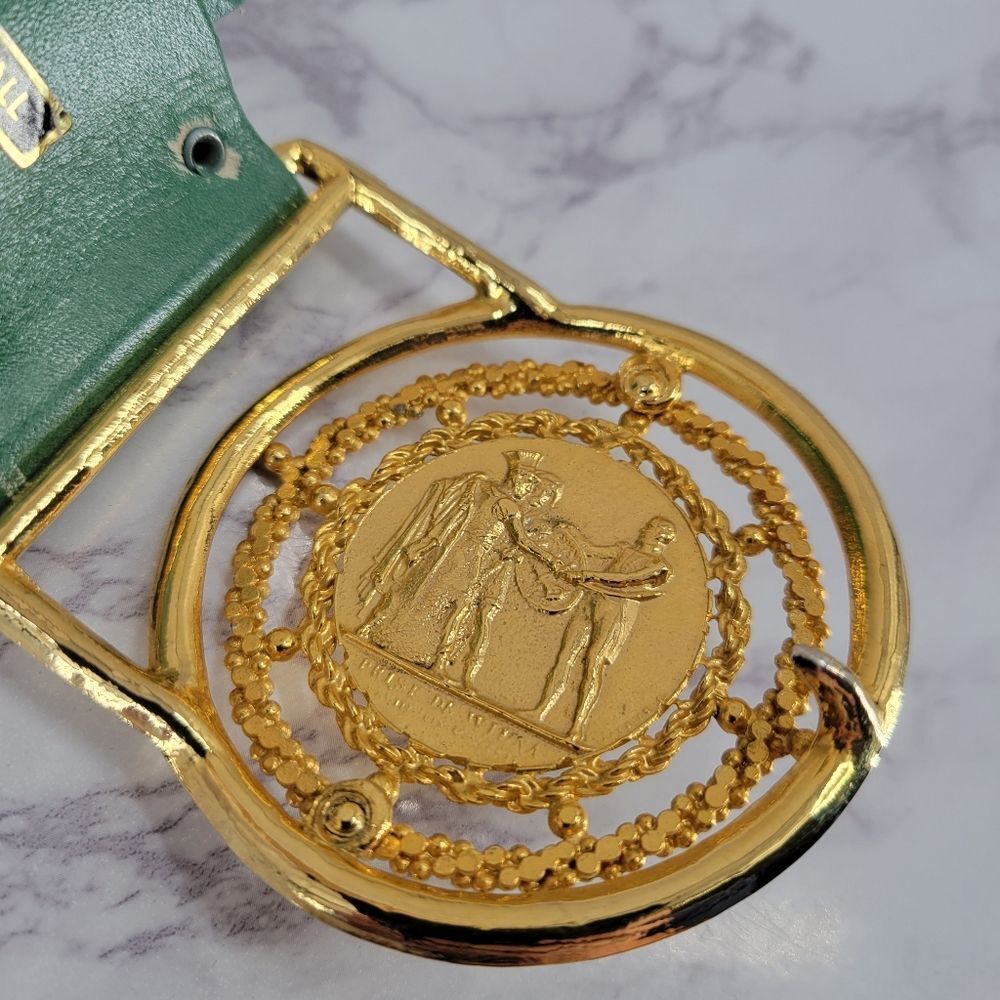 Vintage Green Leather Statement Belt with Gold Napoleon Coin Medallion - Picture 13 of 16